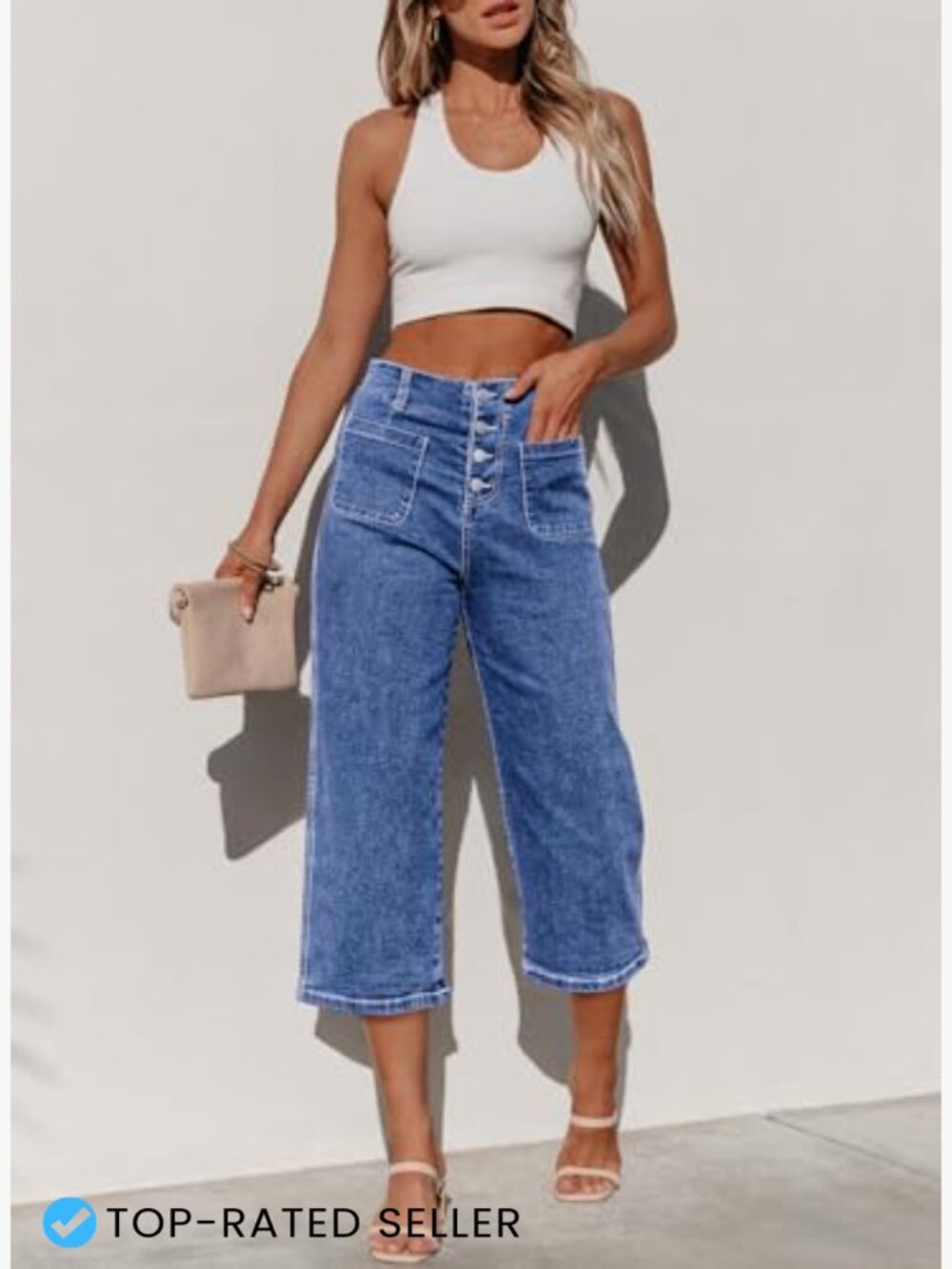 High Waisted Wide Leg Capri Jeans Stretchy Loose Cropted Denim - Picture 5 of 6